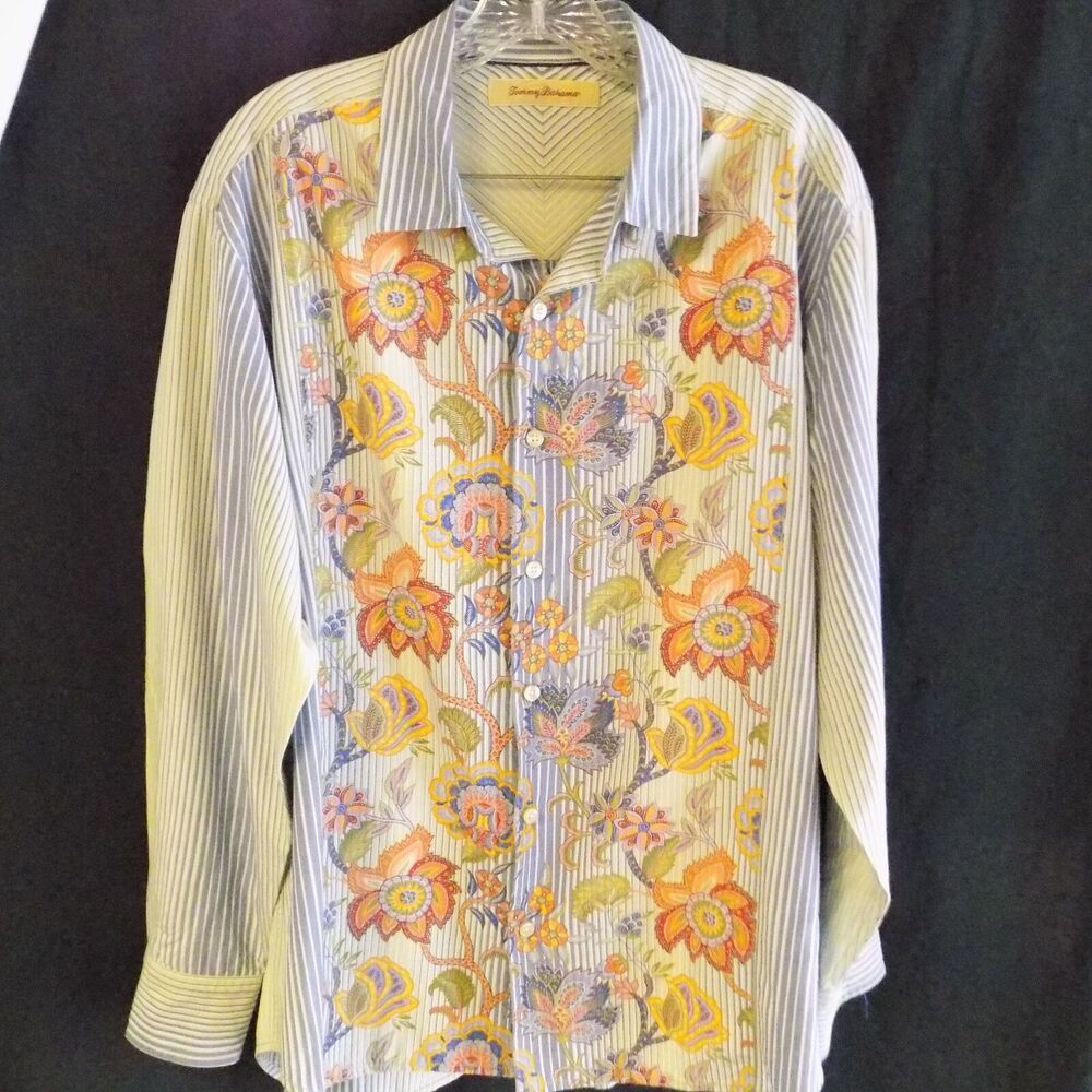 Tommy Bahama Long Sleeve Button Up Shirt L Floral and Stripes Flip Cuff Unique